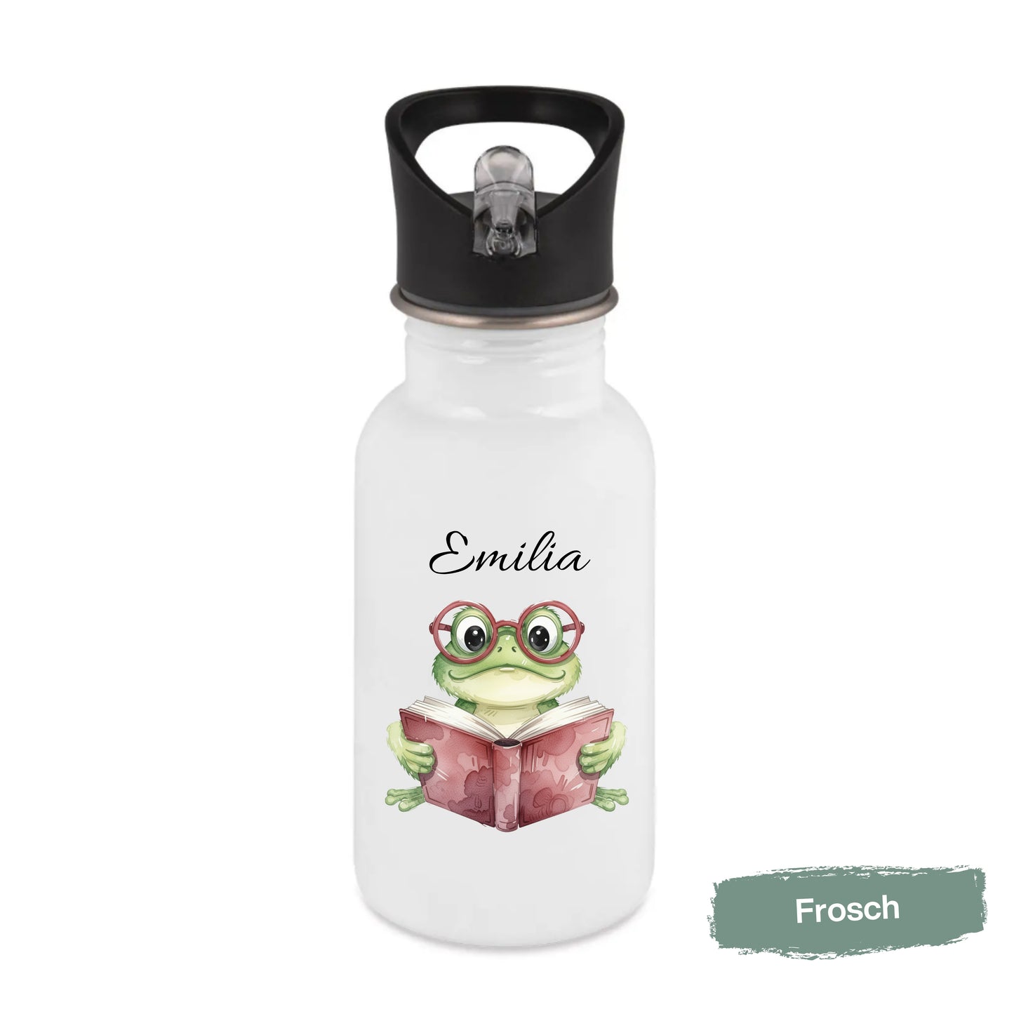 Personalisierte Trinkflasche Kinder mit Namen | Eule Igel Elefant Zebra Frosch | Edelstahl Kinder Trinkflasche mit Strohhalm | Kindergarten Schule