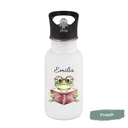 Personalisierte Trinkflasche Kinder mit Namen | Eule Igel Elefant Zebra Frosch | Edelstahl Kinder Trinkflasche mit Strohhalm | Kindergarten Schule