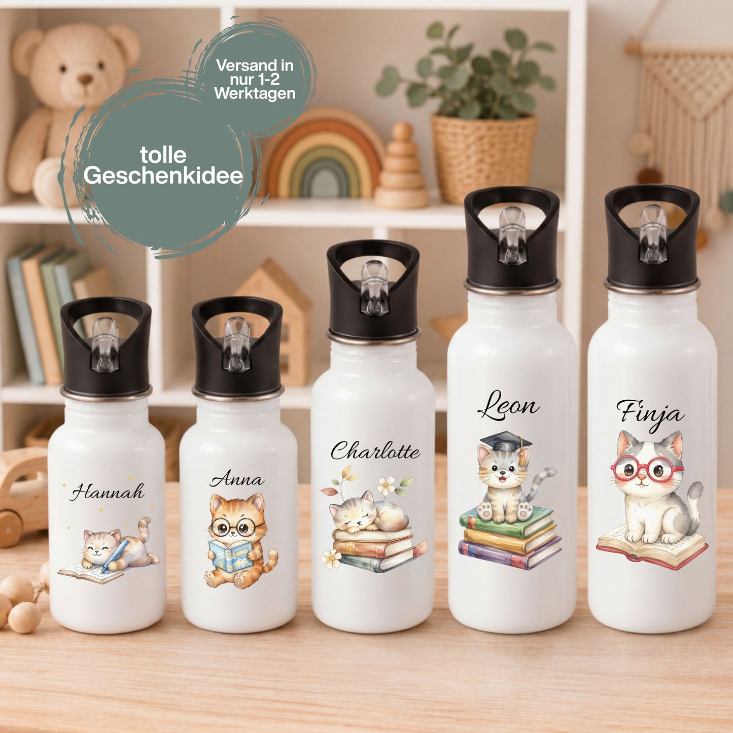 Personalisierte Trinkflasche Kinder mit Namen | Katze Edelstahl Kinder Trinkflasche mit Strohhalm | Kindergarten Schule