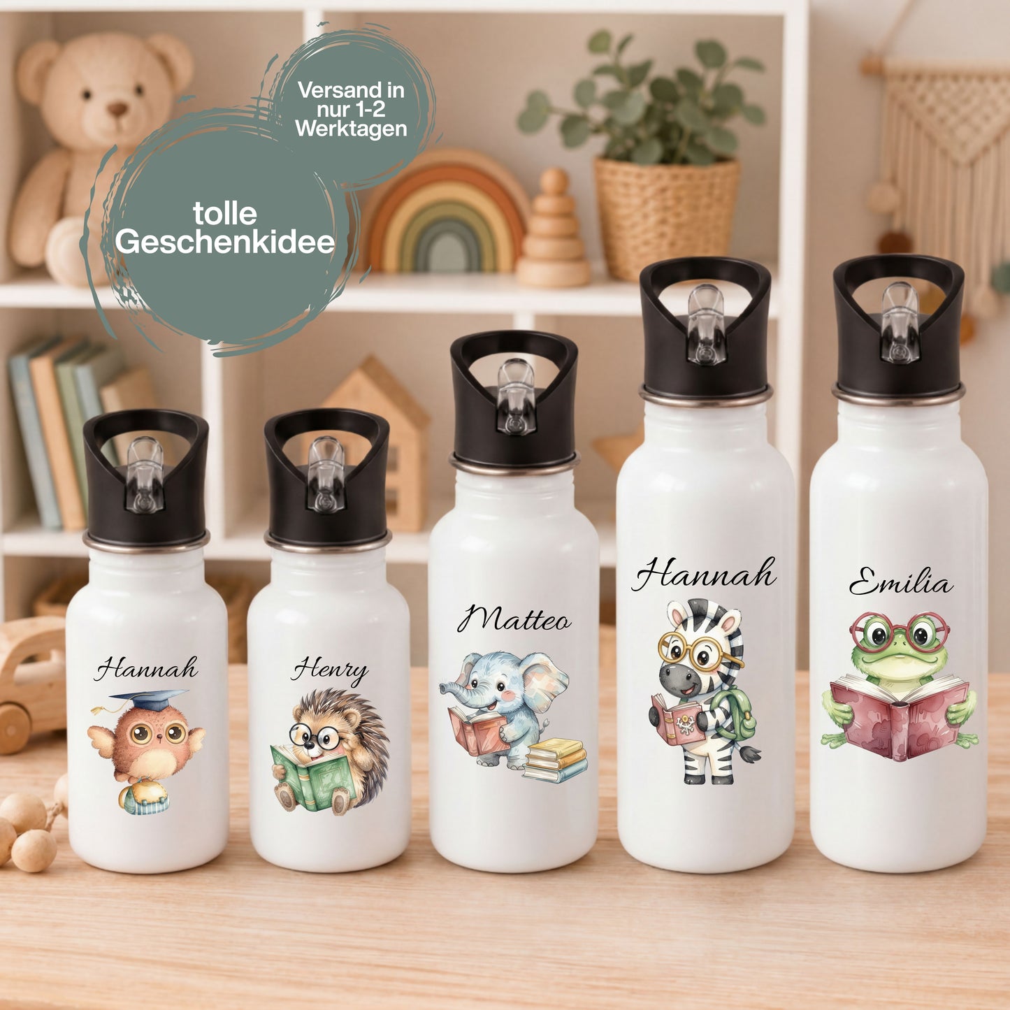 Personalisierte Trinkflasche Kinder mit Namen | Eule Igel Elefant Zebra Frosch | Edelstahl Kinder Trinkflasche mit Strohhalm | Kindergarten Schule