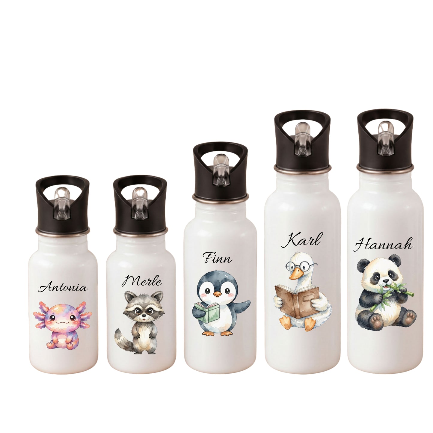 Personalisierte Kinder Trinkflasche mit Namen – Axolotl, Waschbär, Pinguin, Gans & Panda Motive für Kindergarten und Schule