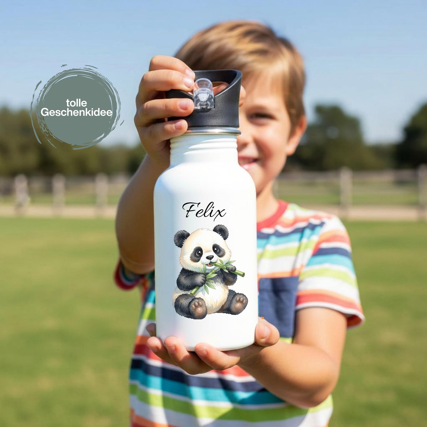 Personalisierte Trinkflasche Kinder mit Namen | Axolotl Waschbär Pinguin Gans Panda | Edelstahl Kinder Trinkflasche mit Strohhalm | Kindergarten Schule