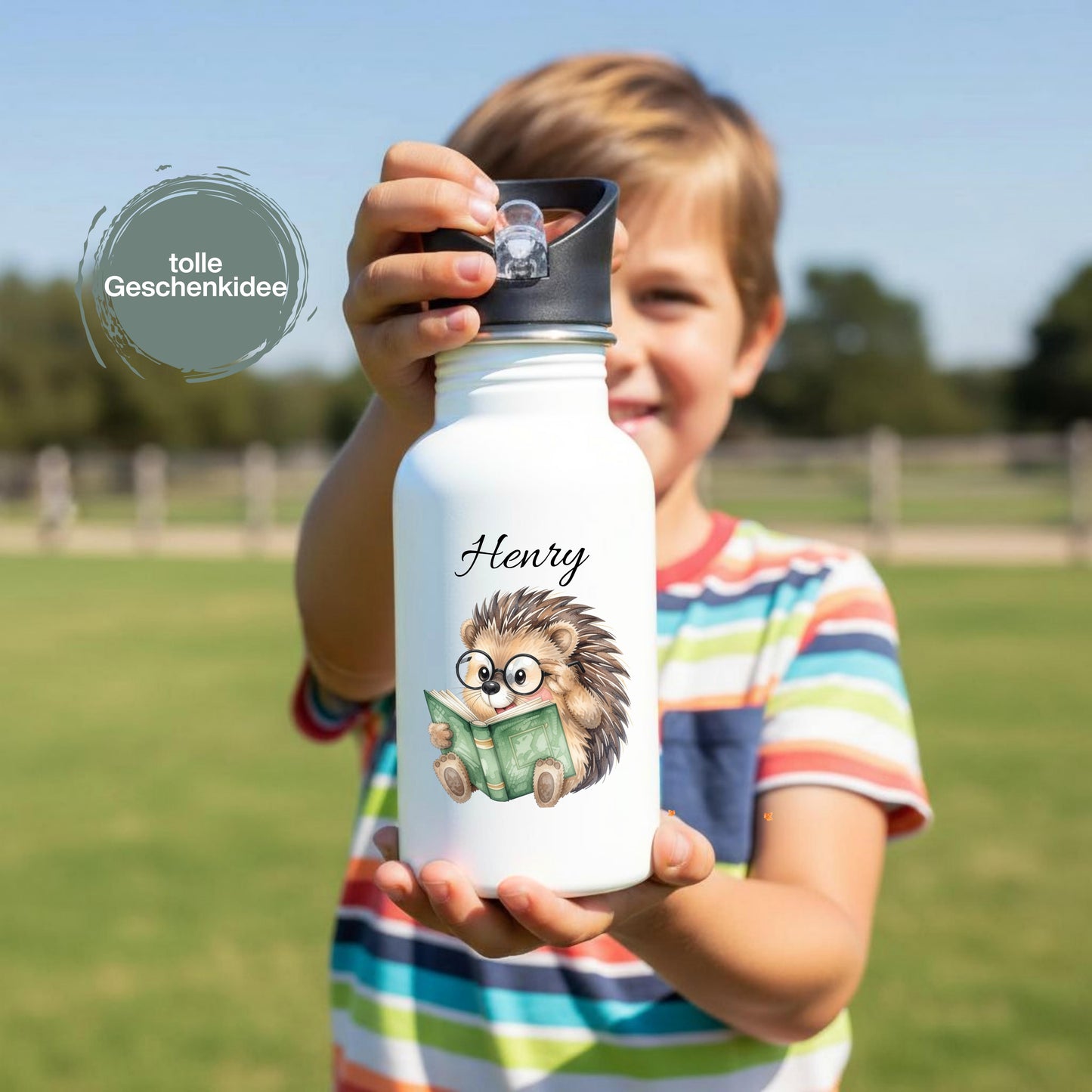 Personalisierte Trinkflasche Kinder mit Namen | Eule Igel Elefant Zebra Frosch | Edelstahl Kinder Trinkflasche mit Strohhalm | Kindergarten Schule