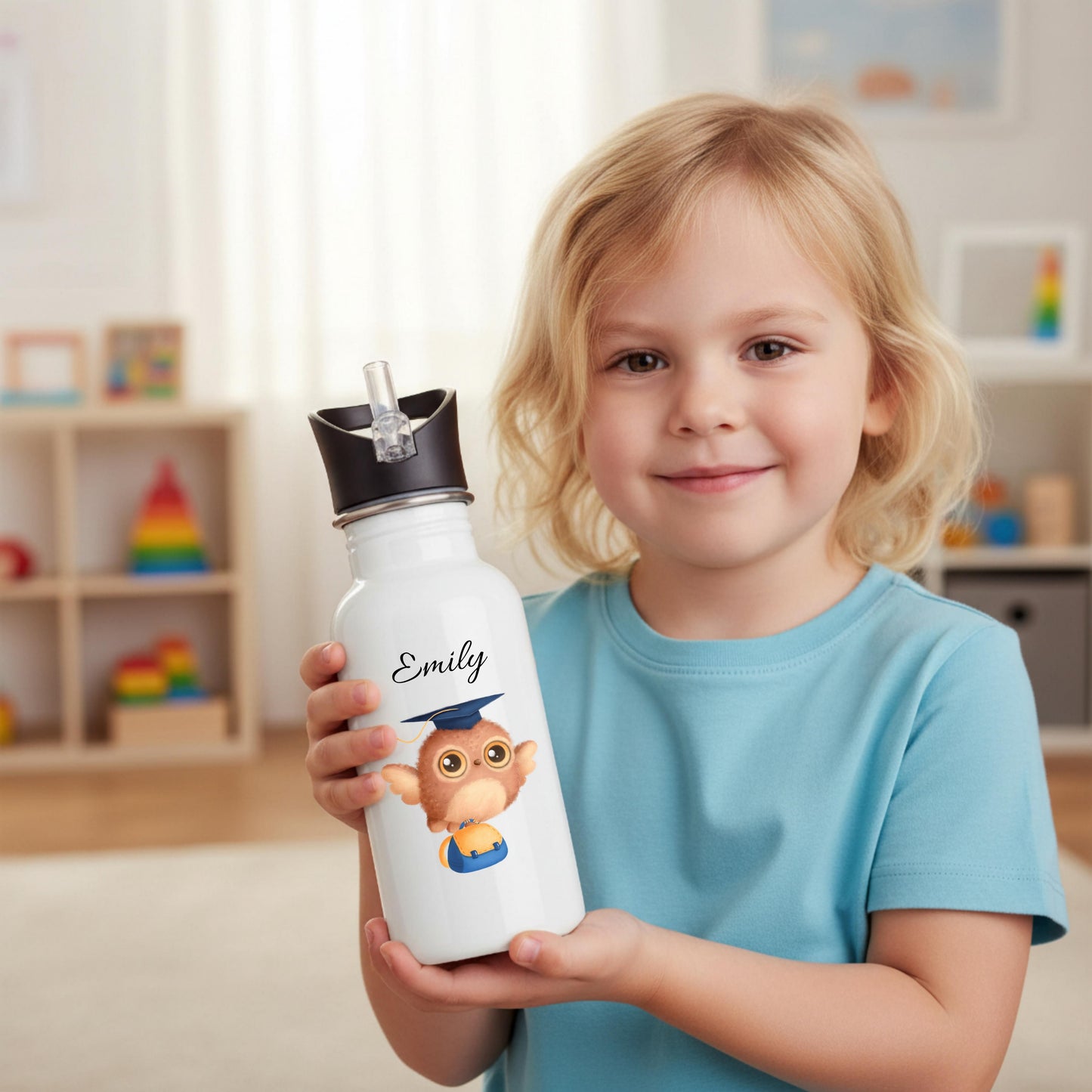 Personalisierte Trinkflasche Kinder mit Namen | Eule Igel Elefant Zebra Frosch | Edelstahl Kinder Trinkflasche mit Strohhalm | Kindergarten Schule