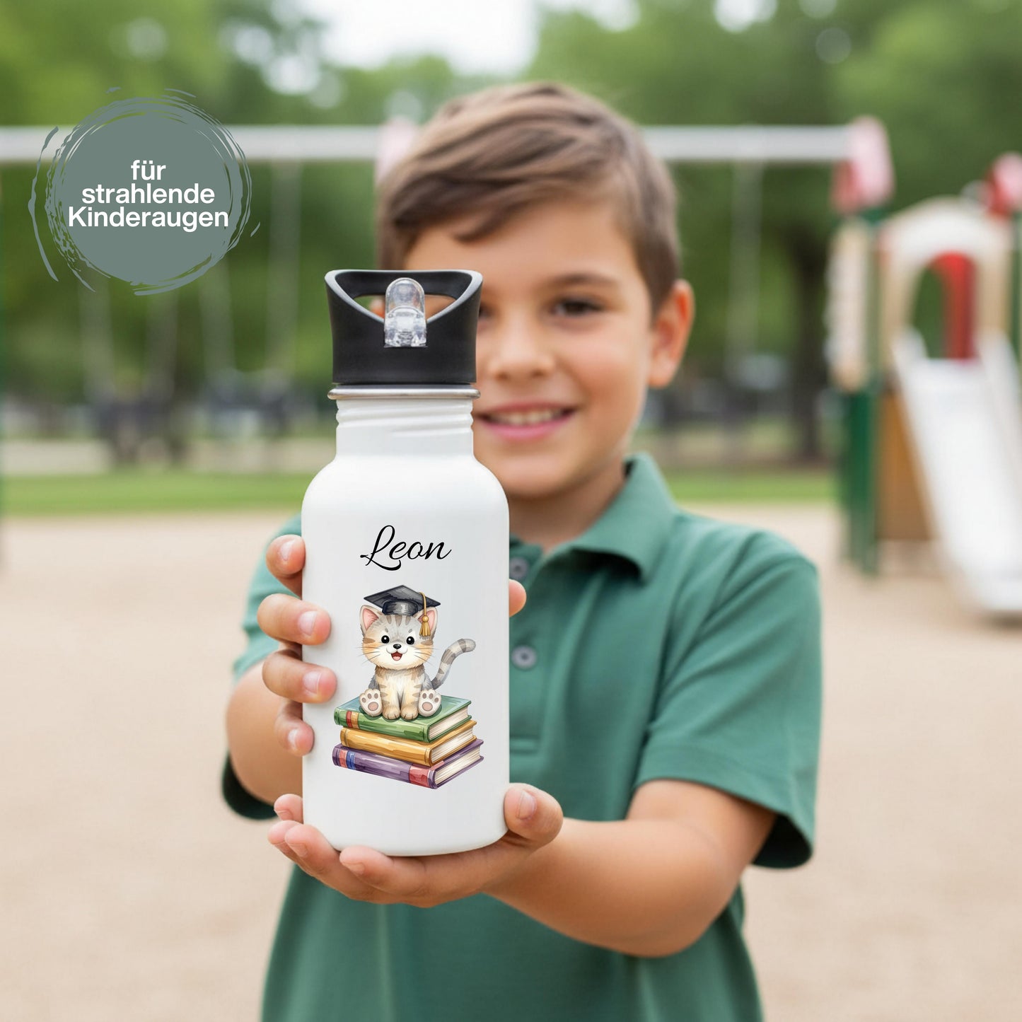 Personalisierte Trinkflasche Kinder mit Namen | Katze Edelstahl Kinder Trinkflasche mit Strohhalm | Kindergarten Schule