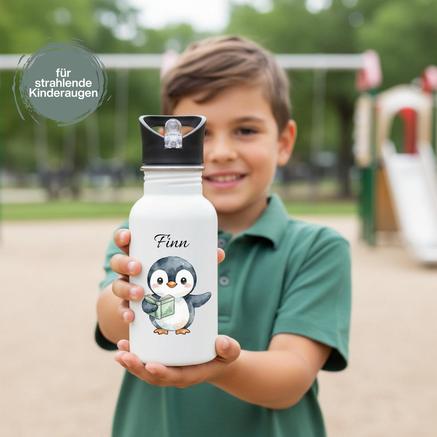 Personalisierte Trinkflasche Kinder mit Namen | Axolotl Waschbär Pinguin Gans Panda | Edelstahl Kinder Trinkflasche mit Strohhalm | Kindergarten Schule