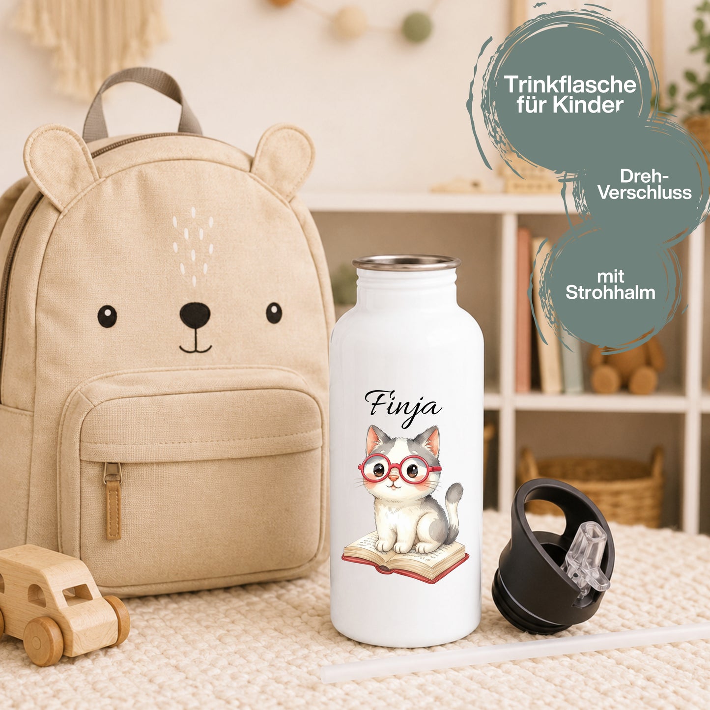 Personalisierte Trinkflasche Kinder mit Namen | Katze Edelstahl Kinder Trinkflasche mit Strohhalm | Kindergarten Schule