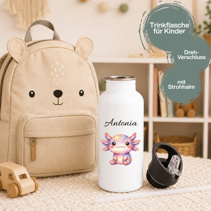 Personalisierte Trinkflasche Kinder mit Namen | Axolotl Waschbär Pinguin Gans Panda | Edelstahl Kinder Trinkflasche mit Strohhalm | Kindergarten Schule