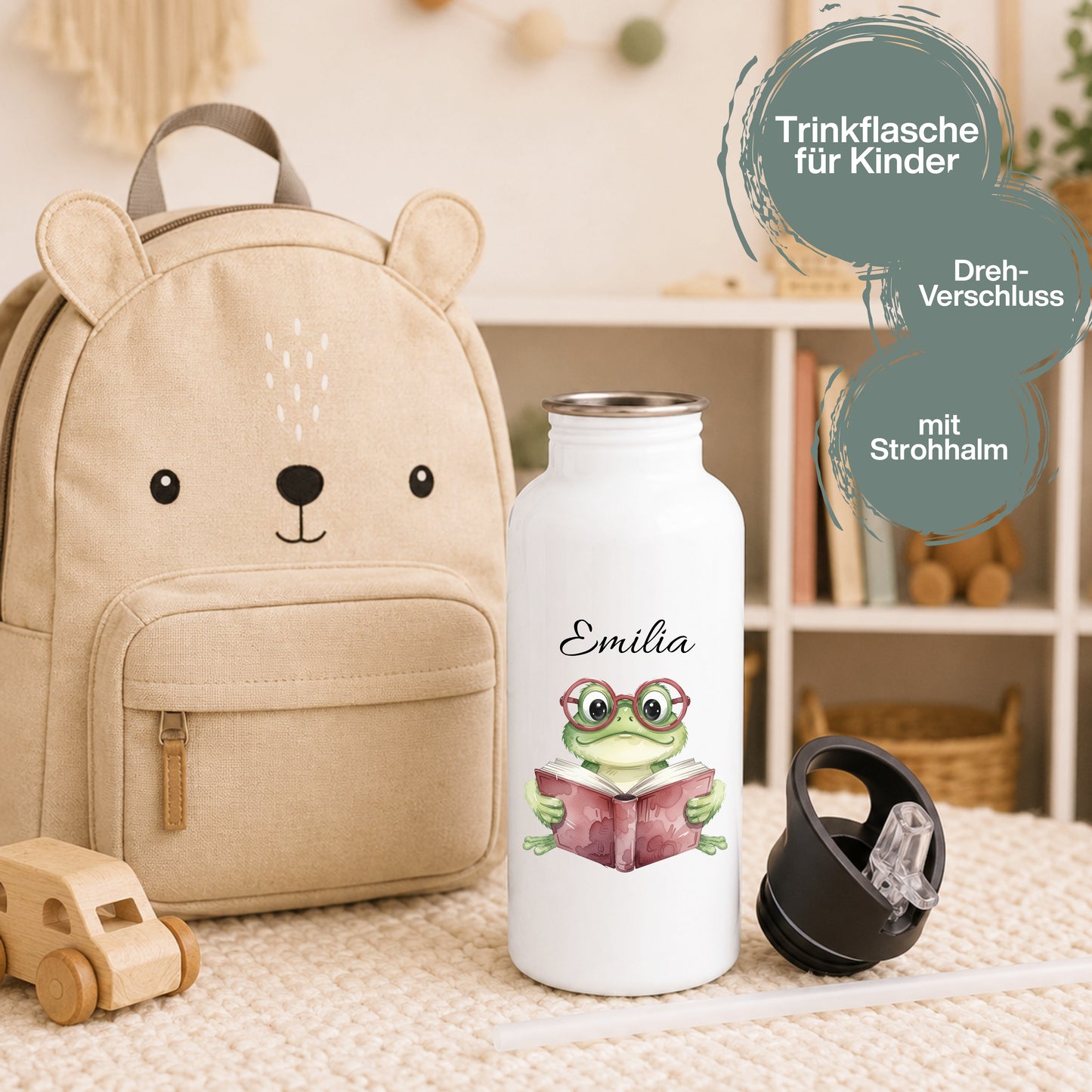 Personalisierte Trinkflasche Kinder mit Namen | Eule Igel Elefant Zebra Frosch | Edelstahl Kinder Trinkflasche mit Strohhalm | Kindergarten Schule