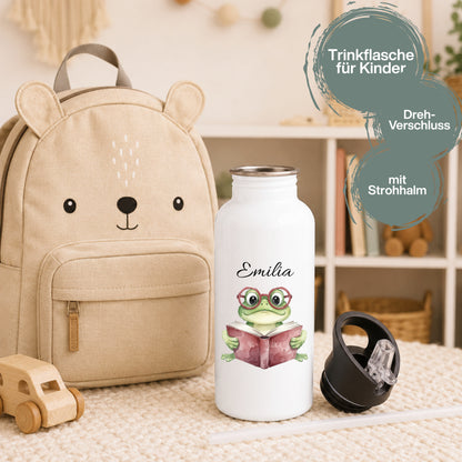 Personalisierte Trinkflasche Kinder mit Namen | Eule Igel Elefant Zebra Frosch | Edelstahl Kinder Trinkflasche mit Strohhalm | Kindergarten Schule