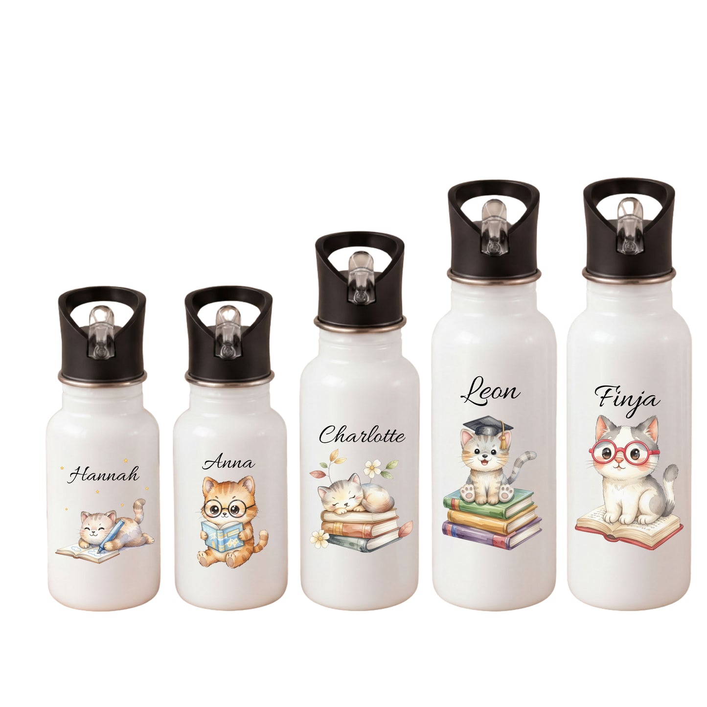 Personalisierte Kinder Trinkflasche mit Namen – Katze Motive für Kindergarten und Schule