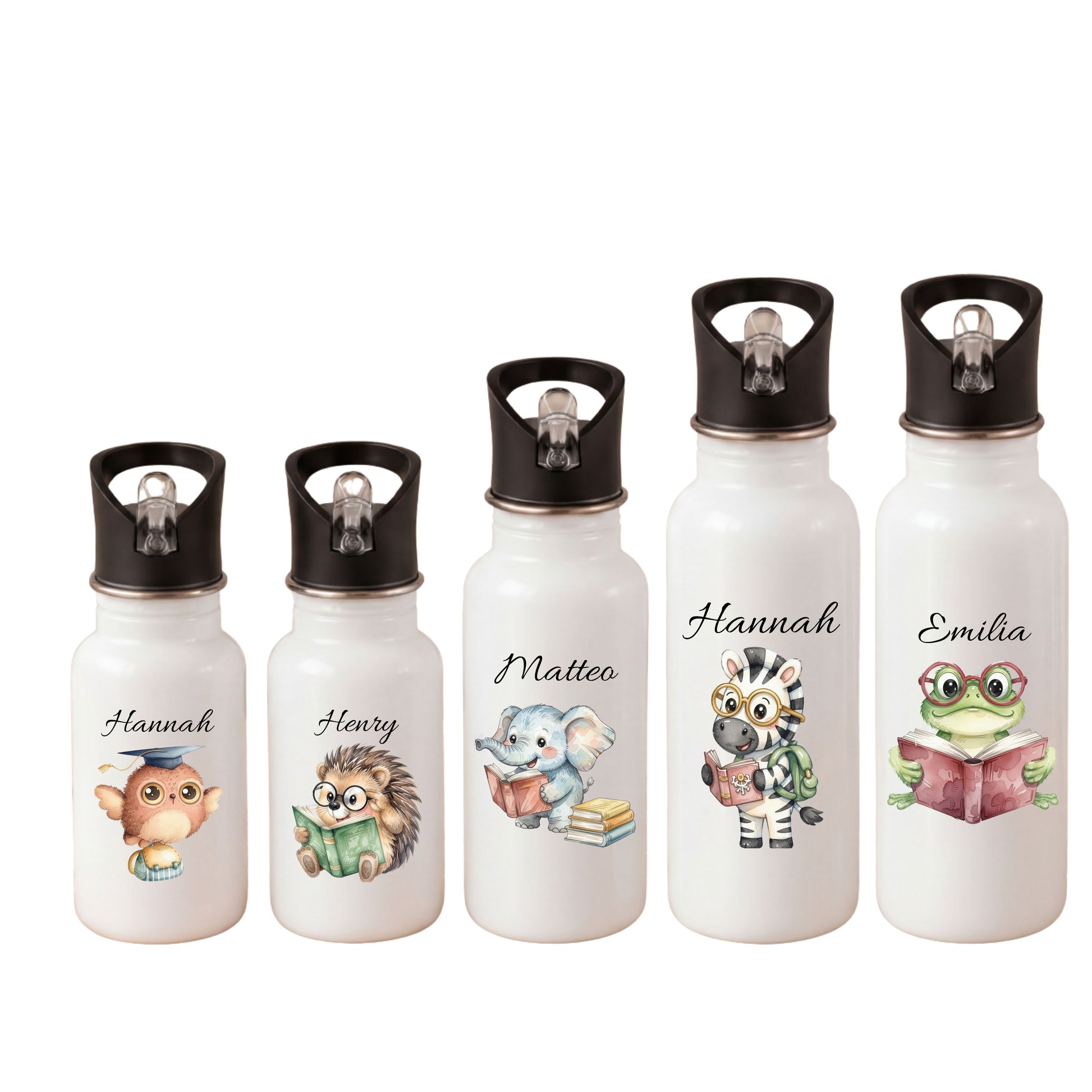 Personalisierte Kinder Trinkflasche mit Namen – Eule, Igel, Elefant, Zebra & Frosch Motive für Kindergarten und Schule