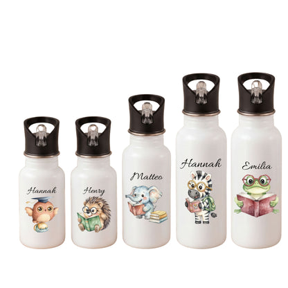 Personalisierte Kinder Trinkflasche mit Namen – Eule, Igel, Elefant, Zebra & Frosch Motive für Kindergarten und Schule