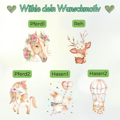 Trinkflasche Kinder personalisiert mit Namen | Pferd Reh Pony Hase | Edelstahl Kinder Trinkflasche mit Strohhalm