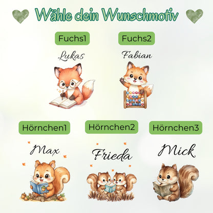 Personalisierte Trinkflasche Kinder mit Namen | Fuchs & Eichhörnchen Edelstahl Kinder Trinkflasche mit Strohhalm | Kindergarten Schule