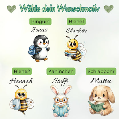 Personalisierte Trinkflasche Kinder mit Namen | Hase Biene Pinguin | Edelstahl Kinder Trinkflasche mit Strohhalm | Kindergarten Schule