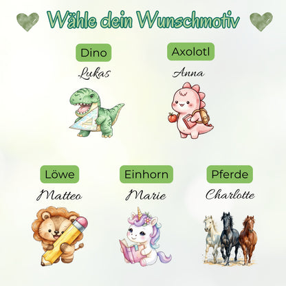 Trinkflasche Kinder personalisiert mit Namen | Dino Axolotl Löwe Einhorn Pferde | Edelstahl Kinder Trinkflasche mit Strohhalm