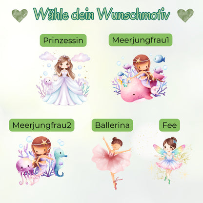 Trinkflasche Kinder personalisiert mit Namen | Prinzessin Meerjungfrau Ballerina Fee | Edelstahl Kinder Trinkflasche mit Strohhalm