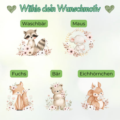 Trinkflasche Kinder personalisiert mit Namen | Waschbär Maus Fuchs Bär Eichhörnchen | Edelstahl Kinder Trinkflasche mit Strohhalm