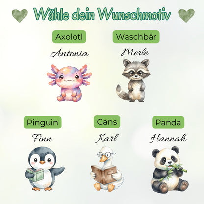 Personalisierte Trinkflasche Kinder mit Namen | Axolotl Waschbär Pinguin Gans Panda | Edelstahl Kinder Trinkflasche mit Strohhalm | Kindergarten Schule