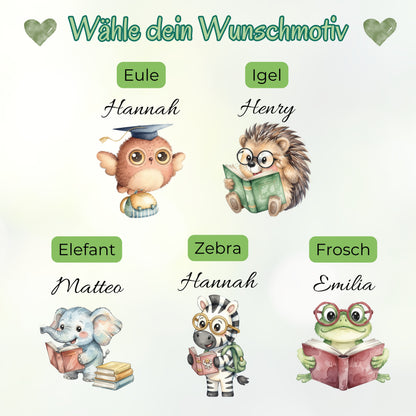 Personalisierte Trinkflasche Kinder mit Namen | Eule Igel Elefant Zebra Frosch | Edelstahl Kinder Trinkflasche mit Strohhalm | Kindergarten Schule