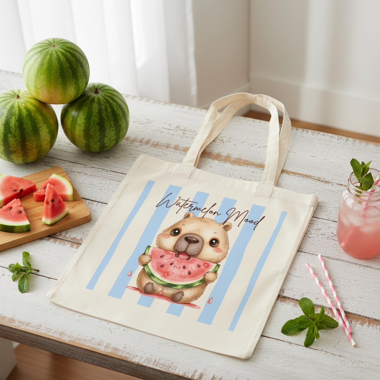 Capybara Stofftasche aus hochwertiger Baumwolle mit niedlichem Capybara und saftiger Wassermelone im sommerlichen Streifen-Design. Süßer Stoffbeutel Damen als Einkaufstasche, Tragetasche oder Baumwolltasche für Alltag, Shopping, Urlaub und Freizeit. Perfekt als Capybara Tasche, Capybara Geschenk oder Geschenk für Capybara Fans und Tierliebhaber. Robuster Stoffbeutel mit hochwertigem Druck, langen Henkeln und frischem Sommermotiv – ideal als nachhaltige Einkaufstasche für Frauen und Jugendliche.