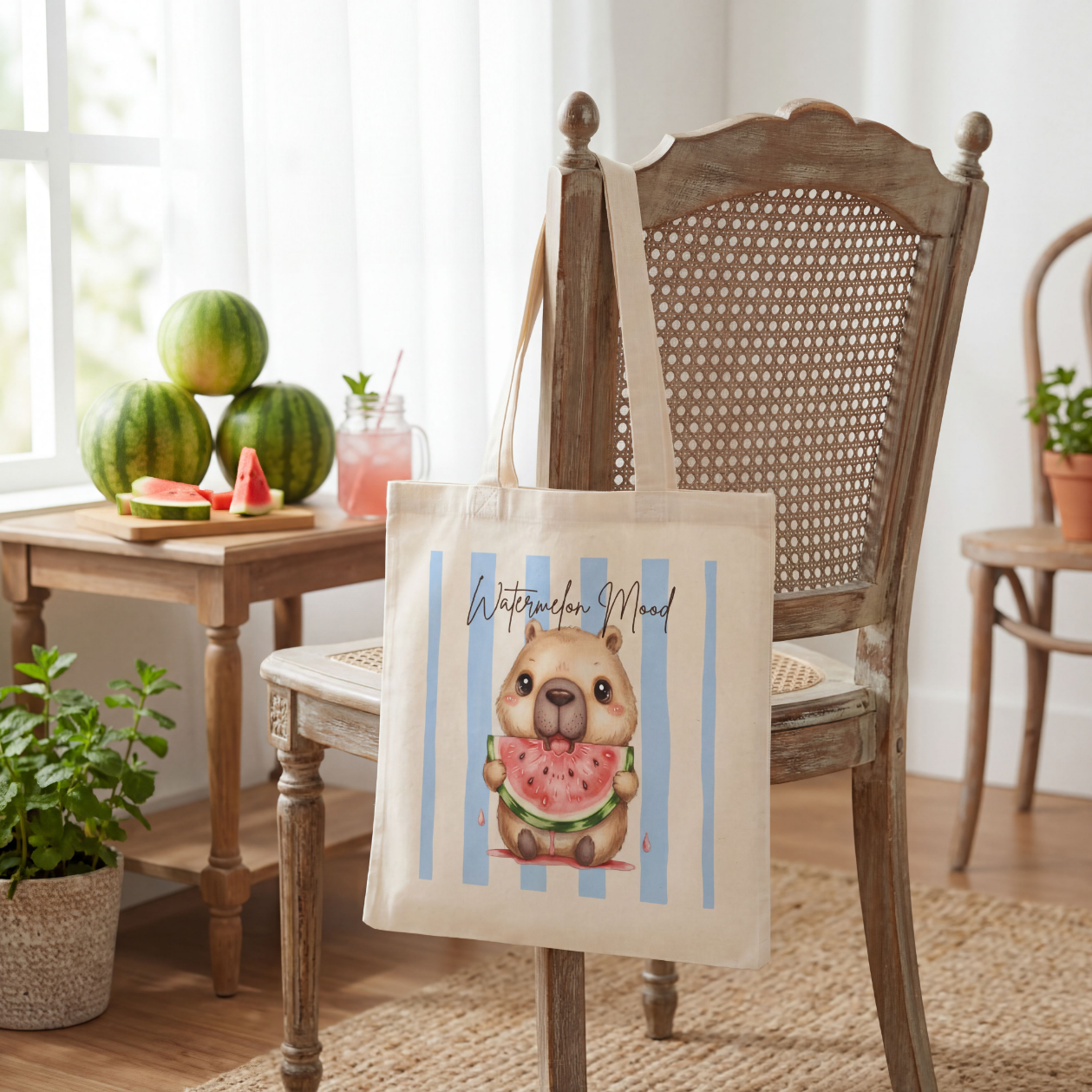 Capybara Stofftasche aus hochwertiger Baumwolle mit niedlichem Capybara und saftiger Wassermelone im sommerlichen Streifen-Design. Süßer Stoffbeutel Damen als Einkaufstasche, Tragetasche oder Baumwolltasche für Alltag, Shopping, Urlaub und Freizeit. Perfekt als Capybara Tasche, Capybara Geschenk oder Geschenk für Capybara Fans und Tierliebhaber. Robuster Stoffbeutel mit hochwertigem Druck, langen Henkeln und frischem Sommermotiv – ideal als nachhaltige Einkaufstasche für Frauen und Jugendliche.
