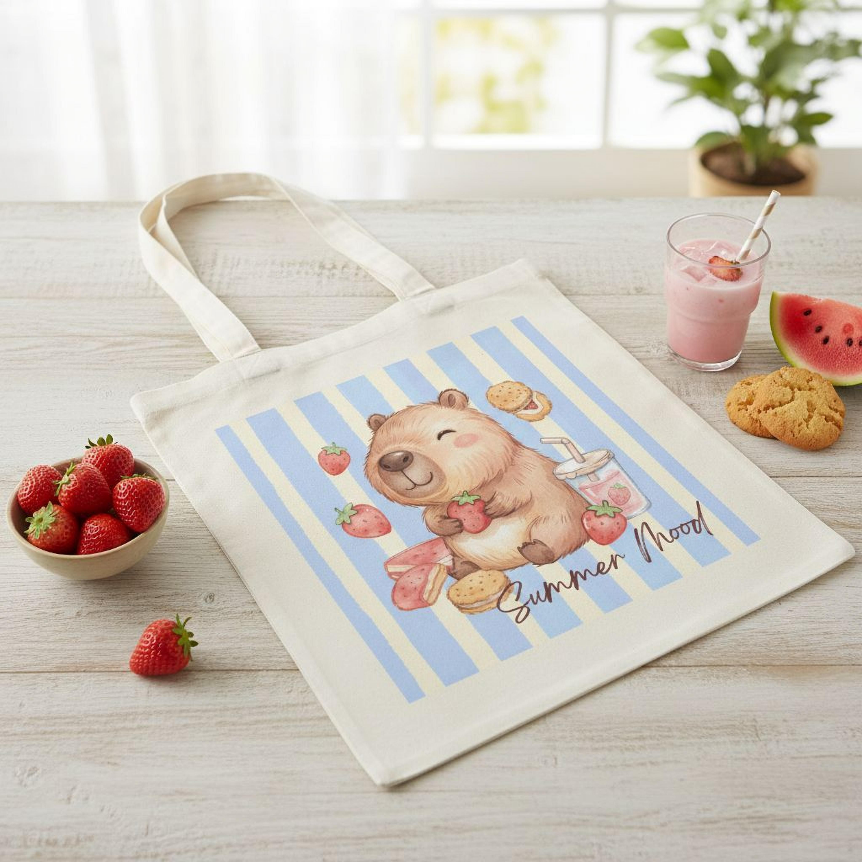 Capybara Stofftasche aus hochwertiger Baumwolle mit niedlichem Capybara zwischen Erdbeeren im sommerlichen Streifen-Design. Süßer Stoffbeutel Damen als Einkaufstasche, Tragetasche oder Baumwolltasche für Alltag, Shopping, Urlaub und Freizeit. Perfekt als Capybara Tasche, Capybara Geschenk oder Geschenk für Capybara Fans und Tierliebhaber. Robuster Stoffbeutel mit hochwertigem Druck, langen Henkeln und modernem Sommermotiv – ideal als nachhaltige Einkaufstasche für Frauen und Jugendliche.
