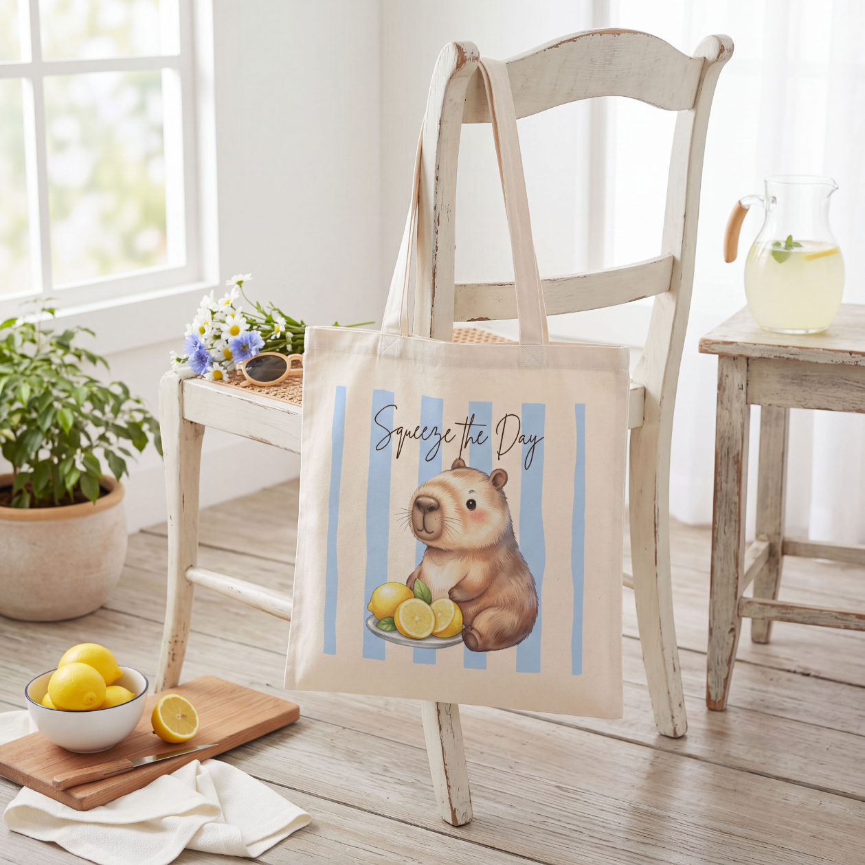 Capybara Stofftasche aus hochwertiger Baumwolle mit niedlichem Capybara und frischen Zitronen im sommerlichen Streifen-Design. Der Stoffbeutel zeigt den Spruch „Squeeze the Day“ und eignet sich als Einkaufstasche, Tragetasche oder Baumwolltasche für Alltag, Shopping, Urlaub und Freizeit. Perfekt als Capybara Tasche, Capybara Geschenk oder Geschenk für Capybara Fans und Tierliebhaber. Robuster Stoffbeutel mit hochwertigem Druck, langen Henkeln und Sommermotiv, ideal als nachhaltige Einkaufstasche