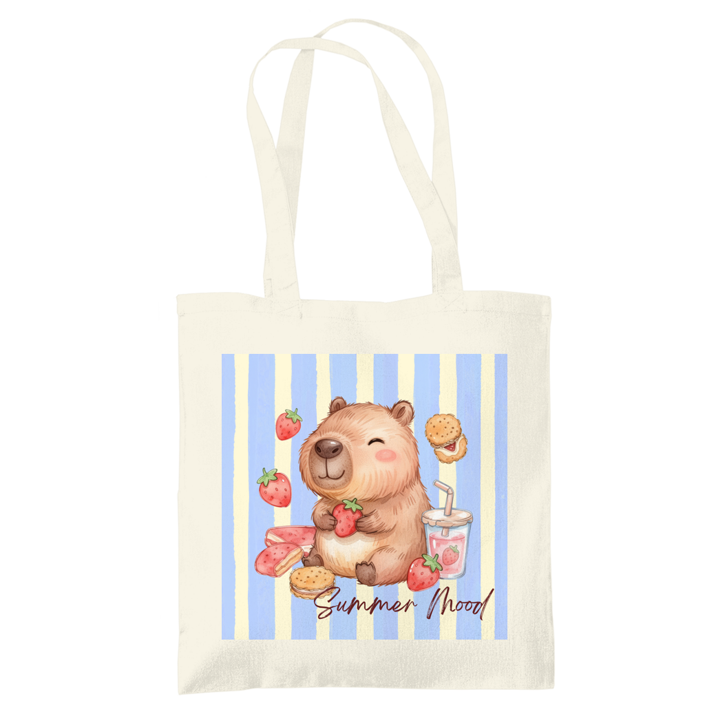 Capybara Stofftasche aus hochwertiger Baumwolle mit niedlichem Capybara zwischen Erdbeeren im sommerlichen Streifen-Design. Süßer Stoffbeutel Damen als Einkaufstasche, Tragetasche oder Baumwolltasche für Alltag, Shopping, Urlaub und Freizeit. Perfekt als Capybara Tasche, Capybara Geschenk oder Geschenk für Capybara Fans und Tierliebhaber. Robuster Stoffbeutel mit hochwertigem Druck, langen Henkeln und modernem Sommermotiv – ideal als nachhaltige Einkaufstasche für Frauen und Jugendliche.