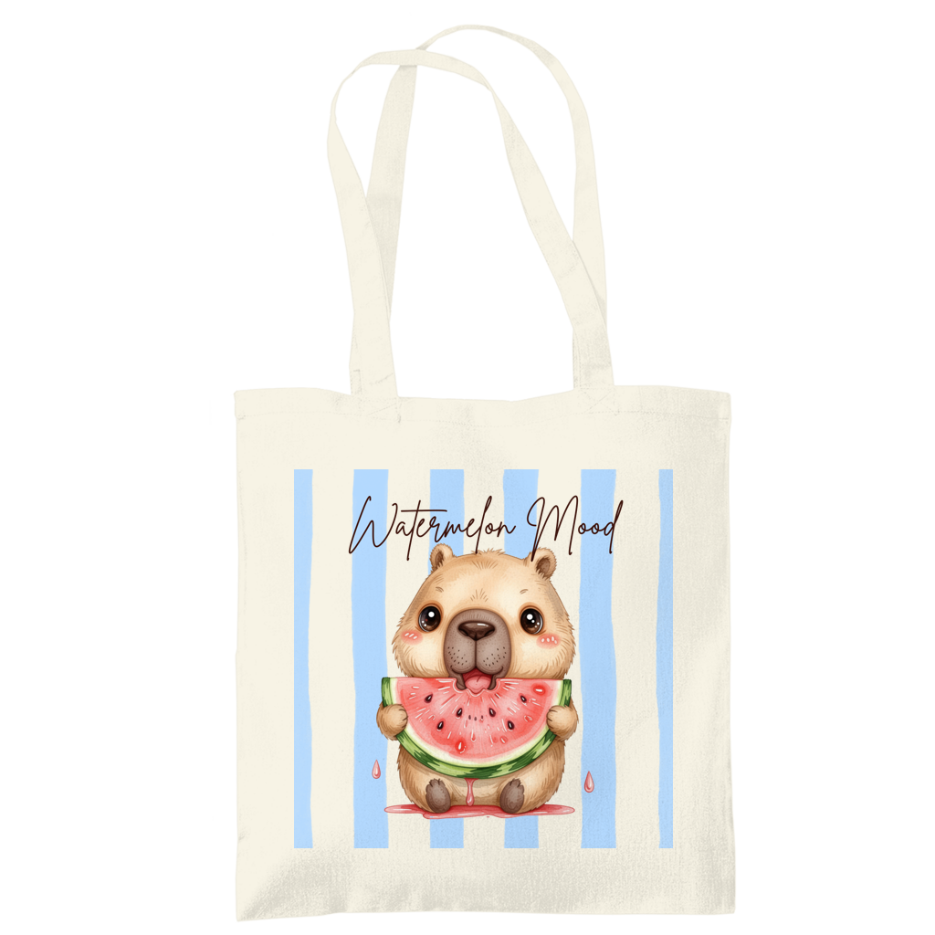 Capybara Stofftasche aus hochwertiger Baumwolle mit niedlichem Capybara und saftiger Wassermelone im sommerlichen Streifen-Design. Süßer Stoffbeutel Damen als Einkaufstasche, Tragetasche oder Baumwolltasche für Alltag, Shopping, Urlaub und Freizeit. Perfekt als Capybara Tasche, Capybara Geschenk oder Geschenk für Capybara Fans und Tierliebhaber. Robuster Stoffbeutel mit hochwertigem Druck, langen Henkeln und frischem Sommermotiv – ideal als nachhaltige Einkaufstasche für Frauen und Jugendliche.