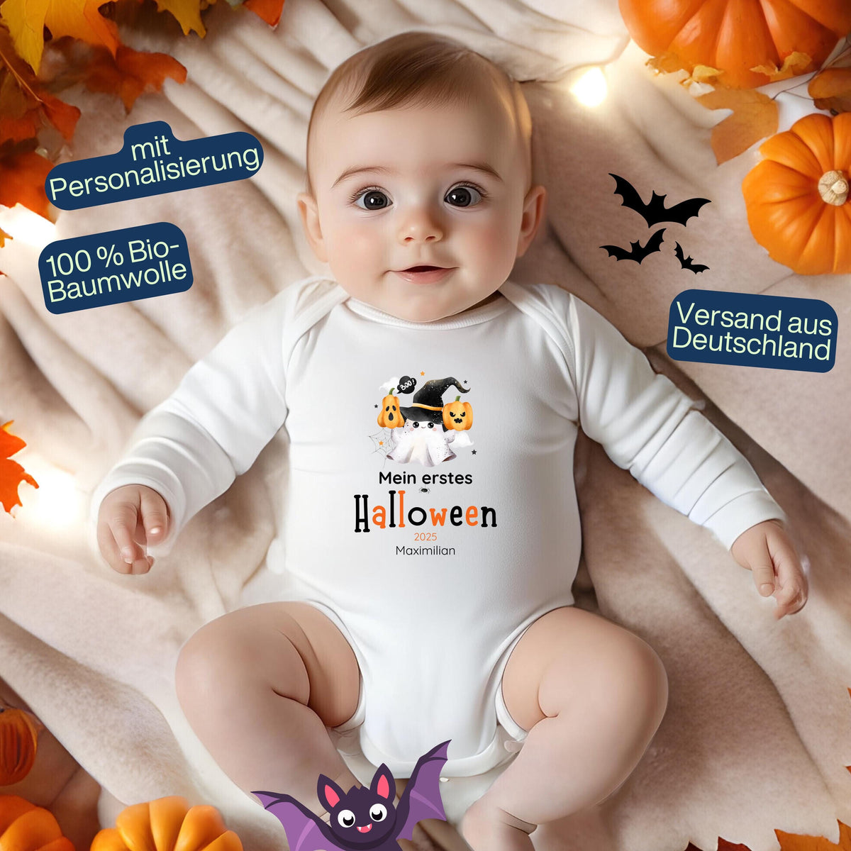 Mein erstes Halloween Babybody aus 100 % Bio-Baumwolle, erhältlich in Schwarz und Weiß, nachhaltig und hautfreundlich. Halloween Outfit für Babys bis 18 Monate, ideal als Baby Strampler für Jungen und Mädchen, perfekt für Babyfotos, Familienfotos und die erste Halloween Party. Bio Baby Body mit süßem Geist und Kürbis Motiv, weiche Baby Kleidung für Herbst und Halloween 2025, originelle Geschenkidee für Babys erstes Halloween, auch als Geschenk zur Geburt oder Babyparty geeignet.