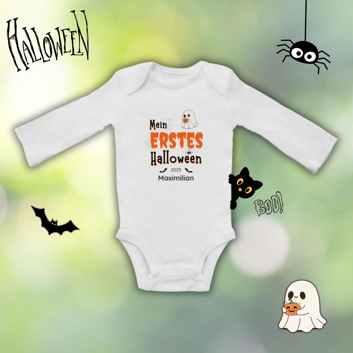 Mein erstes Halloween Babybody aus 100 % Bio-Baumwolle, erhältlich in Schwarz und Weiß, nachhaltig und hautfreundlich. Halloween Outfit für Babys bis 18 Monate, ideal als Baby Strampler für Jungen und Mädchen, perfekt für Babyfotos, Familienfotos und die erste Halloween Party. Bio Baby Body mit süßem Geist und Kürbis Motiv, weiche Baby Kleidung für Herbst und Halloween 2025, originelle Geschenkidee für Babys erstes Halloween, auch als Geschenk zur Geburt oder Babyparty geeignet.