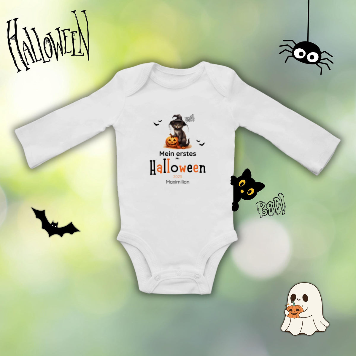 Mein erstes Halloween Babybody aus 100 % Bio-Baumwolle, erhältlich in Schwarz und Weiß, nachhaltig und hautfreundlich. Halloween Outfit für Babys bis 18 Monate, ideal als Baby Strampler für Jungen und Mädchen, perfekt für Babyfotos, Familienfotos und die erste Halloween Party. Bio Baby Body mit süßem Geist und Kürbis Motiv, weiche Baby Kleidung für Herbst und Halloween 2025, originelle Geschenkidee für Babys erstes Halloween, auch als Geschenk zur Geburt oder Babyparty geeignet.