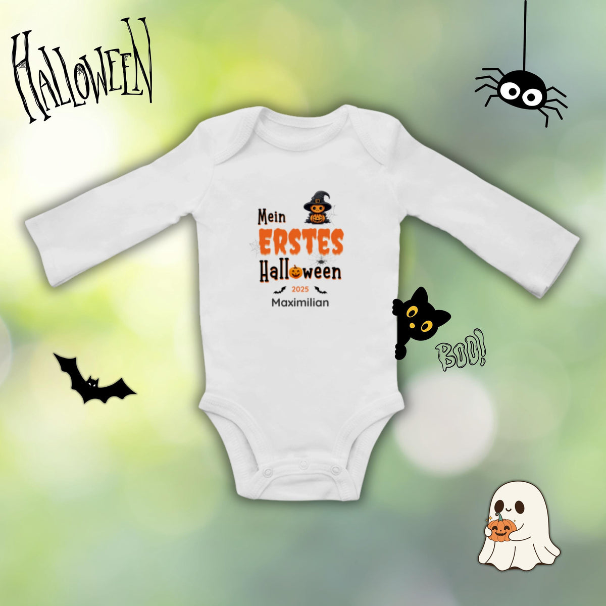 Mein erstes Halloween Babybody aus 100 % Bio-Baumwolle, erhältlich in Schwarz und Weiß, nachhaltig und hautfreundlich. Halloween Outfit für Babys bis 18 Monate, ideal als Baby Strampler für Jungen und Mädchen, perfekt für Babyfotos, Familienfotos und die erste Halloween Party. Bio Baby Body mit süßem Geist und Kürbis Motiv, weiche Baby Kleidung für Herbst und Halloween 2025, originelle Geschenkidee für Babys erstes Halloween, auch als Geschenk zur Geburt oder Babyparty geeignet.