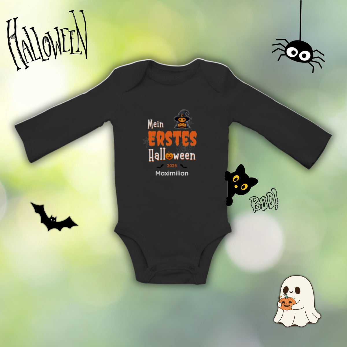 Mein erstes Halloween Babybody aus 100 % Bio-Baumwolle, erhältlich in Schwarz und Weiß, nachhaltig und hautfreundlich. Halloween Outfit für Babys bis 18 Monate, ideal als Baby Strampler für Jungen und Mädchen, perfekt für Babyfotos, Familienfotos und die erste Halloween Party. Bio Baby Body mit süßem Geist und Kürbis Motiv, weiche Baby Kleidung für Herbst und Halloween 2025, originelle Geschenkidee für Babys erstes Halloween, auch als Geschenk zur Geburt oder Babyparty geeignet.