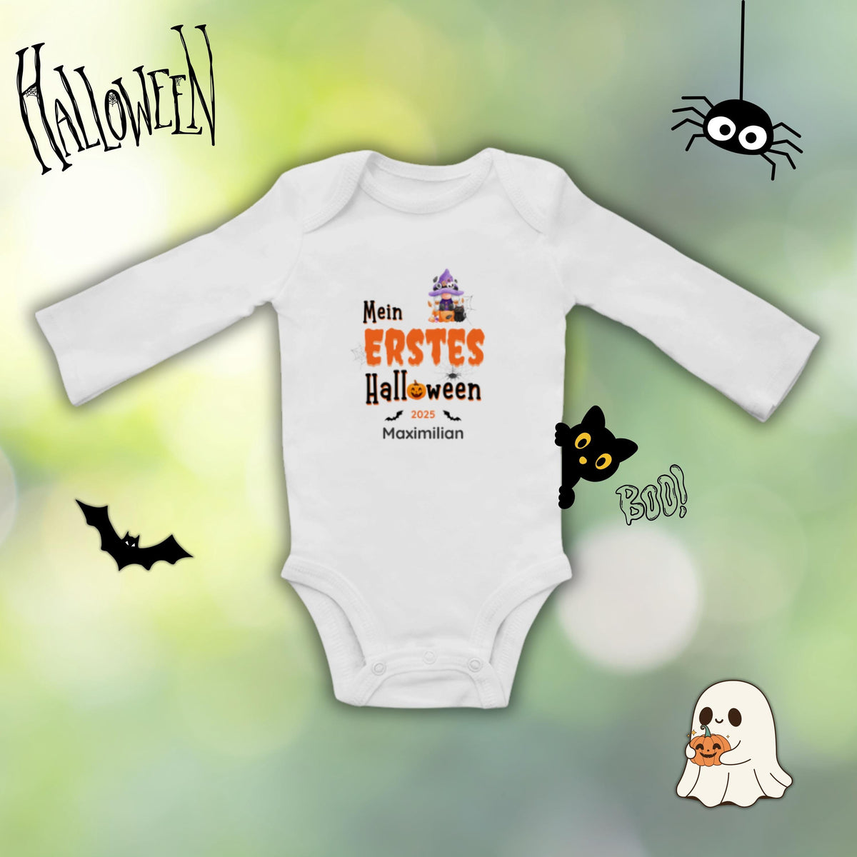Mein erstes Halloween Babybody aus 100 % Bio-Baumwolle, erhältlich in Schwarz und Weiß, nachhaltig und hautfreundlich. Halloween Outfit für Babys bis 18 Monate, ideal als Baby Strampler für Jungen und Mädchen, perfekt für Babyfotos, Familienfotos und die erste Halloween Party. Bio Baby Body mit süßem Geist und Kürbis Motiv, weiche Baby Kleidung für Herbst und Halloween 2025, originelle Geschenkidee für Babys erstes Halloween, auch als Geschenk zur Geburt oder Babyparty geeignet.
