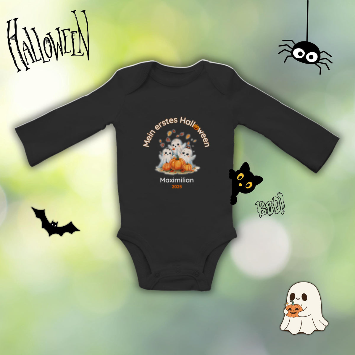 Mein erstes Halloween Babybody aus 100 % Bio-Baumwolle, erhältlich in Schwarz und Weiß, nachhaltig und hautfreundlich. Halloween Outfit für Babys bis 18 Monate, ideal als Baby Strampler für Jungen und Mädchen, perfekt für Babyfotos, Familienfotos und die erste Halloween Party. Bio Baby Body mit süßem Geist und Kürbis Motiv, weiche Baby Kleidung für Herbst und Halloween 2025, originelle Geschenkidee für Babys erstes Halloween, auch als Geschenk zur Geburt oder Babyparty geeignet.