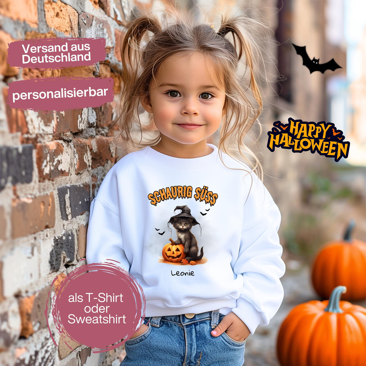 Halloween T-Shirt oder Sweatshirt für Kinder – ideal für „Süßes oder Saures“! Dein Kind ist perfekt gekleidet für Halloween mit diesem bequemen Shirt oder Pullover in Schwarz oder Weiß. Niedliches Design für Jungen & Mädchen, ideal für Halloween Partys, Kindergarten & das erste Halloween. Beliebt als „mein erstes Halloween“ Outfit oder Halloween Kleidung für Kinder. Auch als langarm Shirt für kühlere Tage geeignet. Ein Must-have für kleine Gruselfans! 🎃