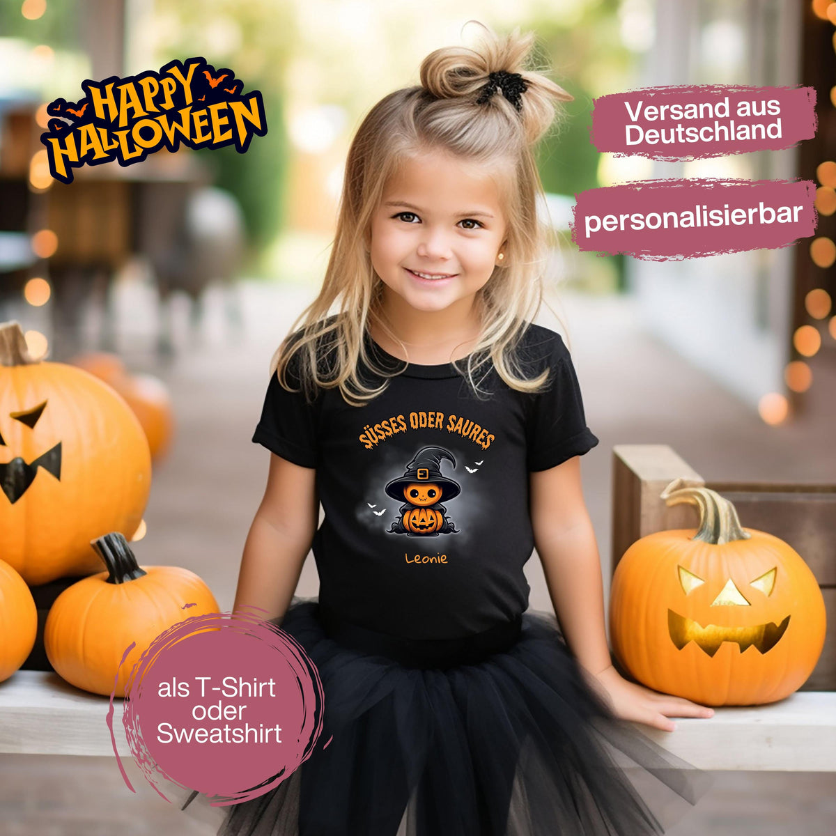 Halloween T-Shirt oder Sweatshirt für Kinder – ideal für „Süßes oder Saures“! Dein Kind ist perfekt gekleidet für Halloween mit diesem bequemen Shirt oder Pullover in Schwarz oder Weiß. Niedliches Design für Jungen & Mädchen, ideal für Halloween Partys, Kindergarten & das erste Halloween. Beliebt als „mein erstes Halloween“ Outfit oder Halloween Kleidung für Kinder. Auch als langarm Shirt für kühlere Tage geeignet. Ein Must-have für kleine Gruselfans! 🎃