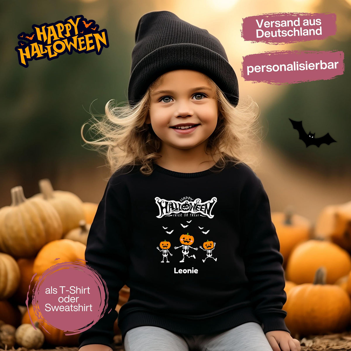 Halloween T-Shirt oder Sweatshirt für Kinder – ideal für „Süßes oder Saures“! Dein Kind ist perfekt gekleidet für Halloween mit diesem bequemen Shirt oder Pullover in Schwarz oder Weiß. Niedliches Design für Jungen & Mädchen, ideal für Halloween Partys, Kindergarten & das erste Halloween. Beliebt als „mein erstes Halloween“ Outfit oder Halloween Kleidung für Kinder. Auch als langarm Shirt für kühlere Tage geeignet. Ein Must-have für kleine Gruselfans! 🎃
