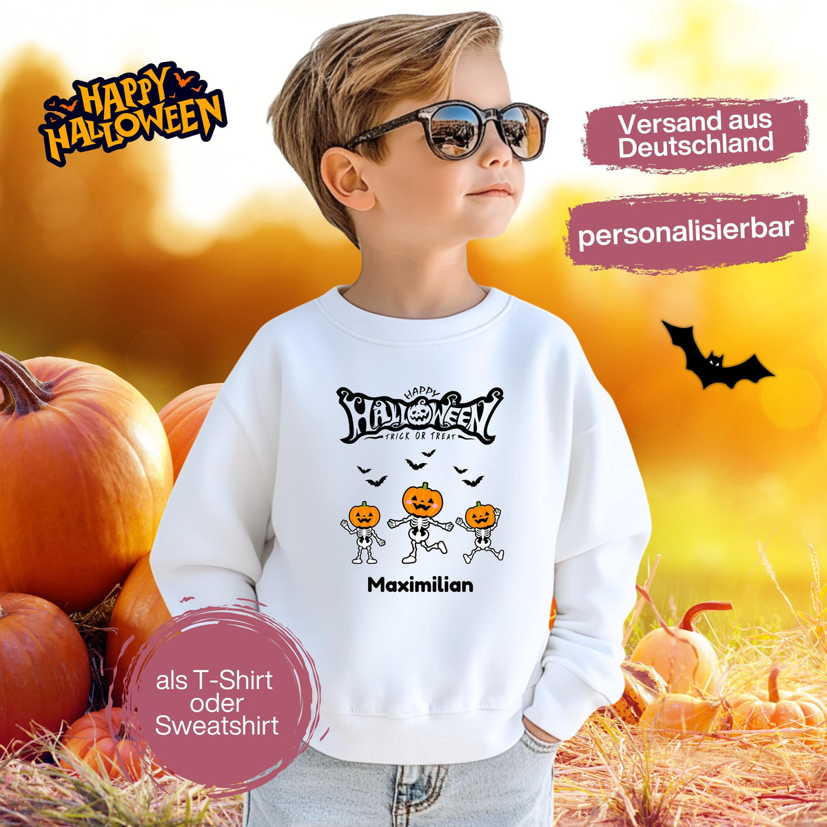 Halloween T-Shirt oder Sweatshirt für Kinder – ideal für „Süßes oder Saures“! Dein Kind ist perfekt gekleidet für Halloween mit diesem bequemen Shirt oder Pullover in Schwarz oder Weiß. Niedliches Design für Jungen & Mädchen, ideal für Halloween Partys, Kindergarten & das erste Halloween. Beliebt als „mein erstes Halloween“ Outfit oder Halloween Kleidung für Kinder. Auch als langarm Shirt für kühlere Tage geeignet. Ein Must-have für kleine Gruselfans! 🎃