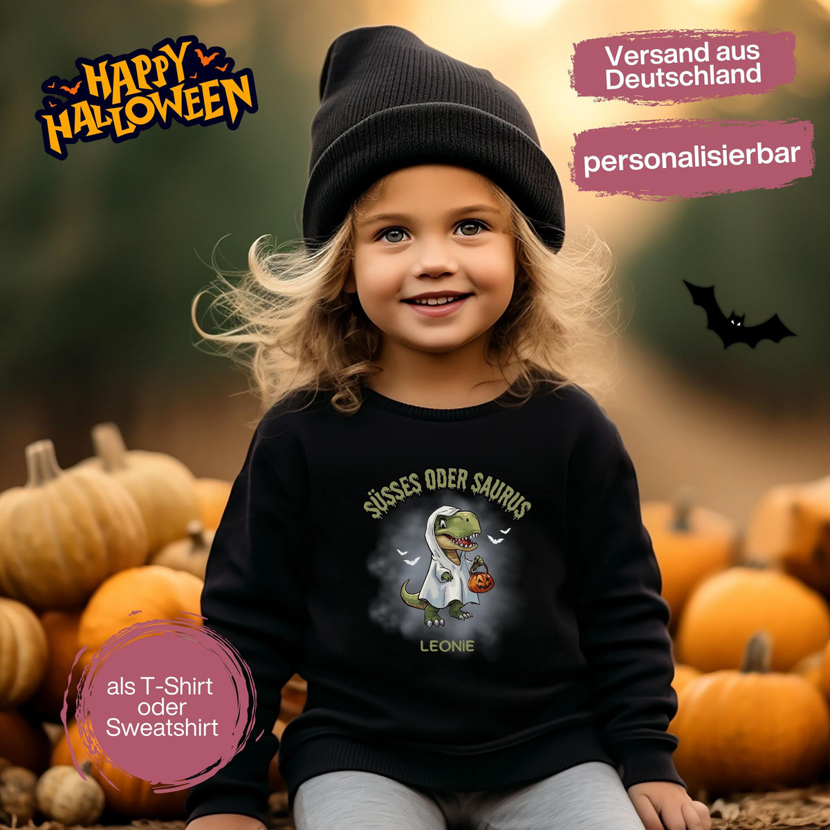 Halloween T-Shirt oder Sweatshirt für Kinder – ideal für „Süßes oder Saures“! Dein Kind ist perfekt gekleidet für Halloween mit diesem bequemen Shirt oder Pullover in Schwarz oder Weiß. Niedliches Design für Jungen & Mädchen, ideal für Halloween Partys, Kindergarten & das erste Halloween. Beliebt als „mein erstes Halloween“ Outfit oder Halloween Kleidung für Kinder. Auch als langarm Shirt für kühlere Tage geeignet. Ein Must-have für kleine Gruselfans! 🎃
