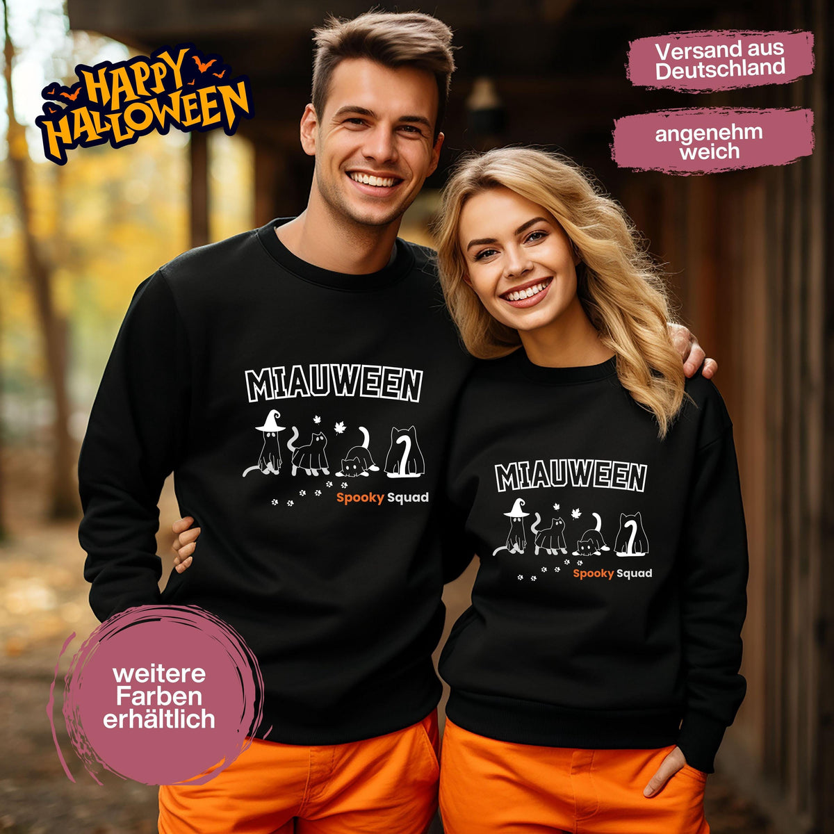 Hochwertiges Halloween Outfit für Damen und Herren – gemütlicher Halloween Pullover und Halloween Sweatshirt, ideal als Halloween Outfit Damen, Halloween Outfit Herren oder Halloween Outfit Frauen. Angesagte Halloween Sweaters und Halloween Pullis für Herbst und Party. Sweatshirts Halloween in verschiedenen Farben, auch als Kürbis Pullover Damen erhältlich. Bequemes Halloween Sweatshirt Damen und Herren – perfektes Halloween Outfit Männer. Katzenpullover Miauween Halloween Katzen Katzenliebhaber