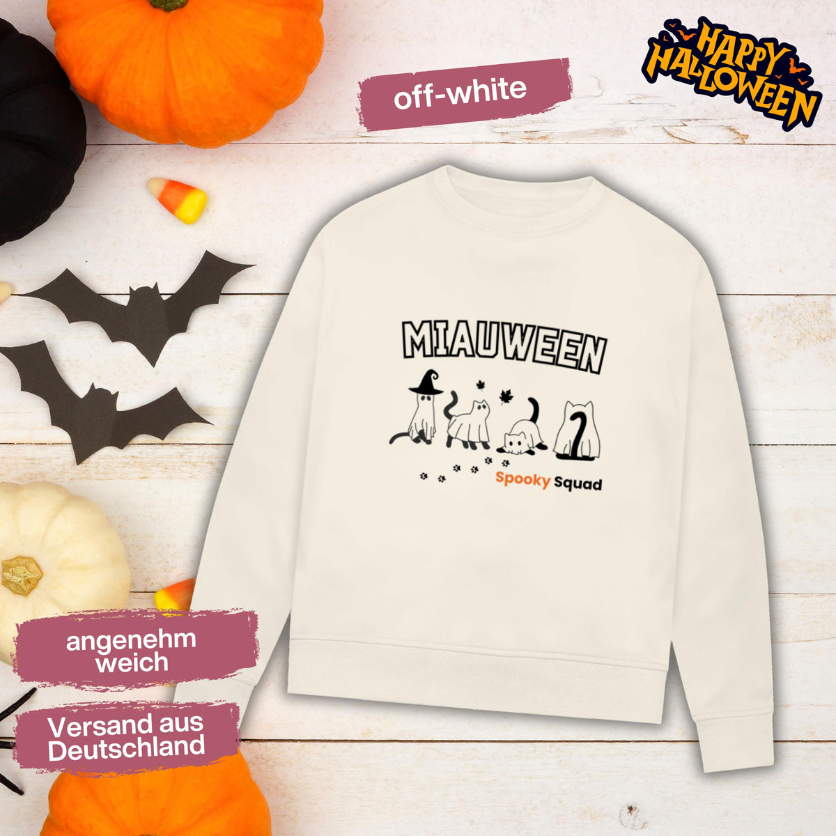 Hochwertiges Halloween Outfit für Damen und Herren – gemütlicher Halloween Pullover und Halloween Sweatshirt, ideal als Halloween Outfit Damen, Halloween Outfit Herren oder Halloween Outfit Frauen. Angesagte Halloween Sweaters und Halloween Pullis für Herbst und Party. Sweatshirts Halloween in verschiedenen Farben, auch als Kürbis Pullover Damen erhältlich. Bequemes Halloween Sweatshirt Damen und Herren – perfektes Halloween Outfit Männer. Katzenpullover Miauween Halloween Katzen Katzenliebhaber