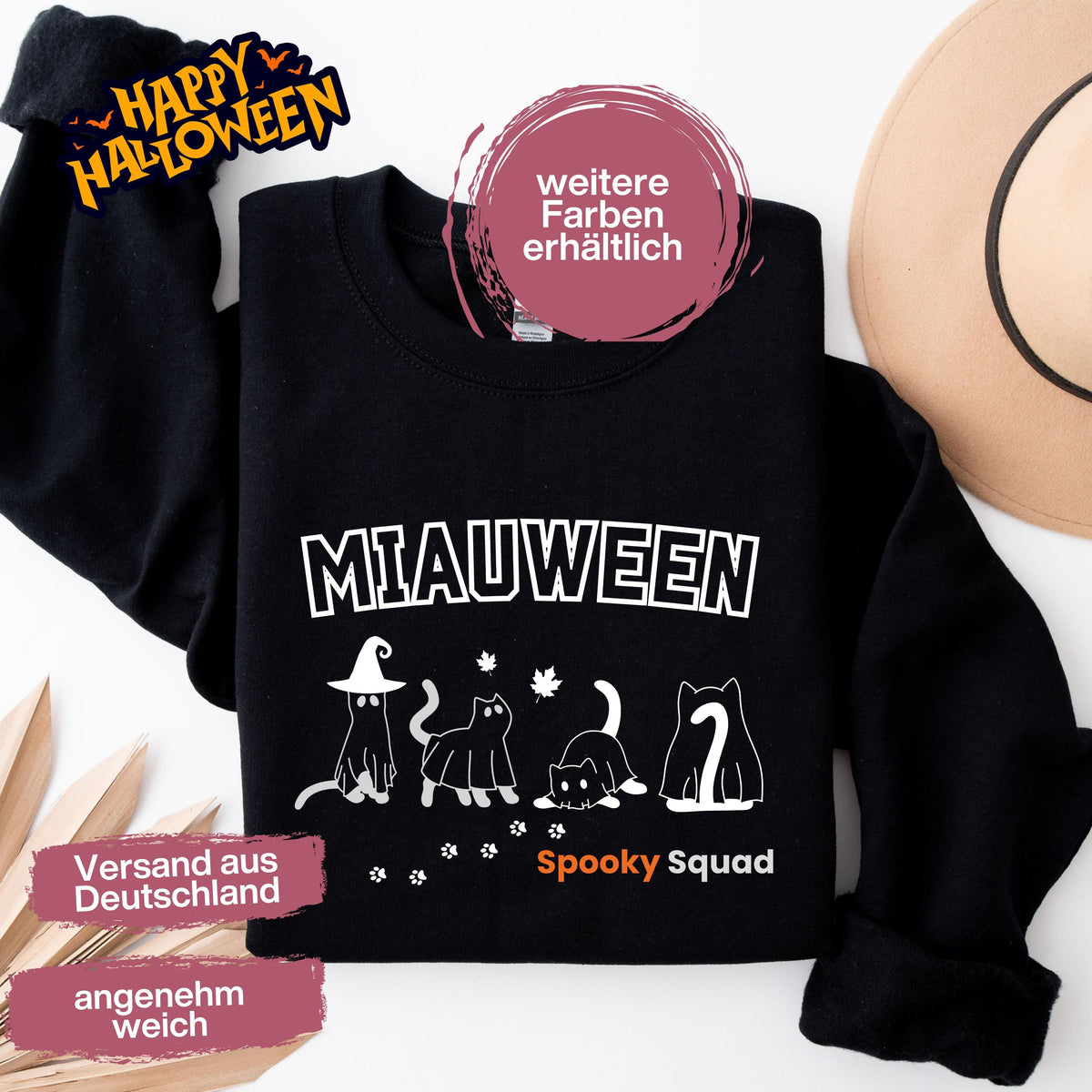 Hochwertiges Halloween Outfit für Damen und Herren – gemütlicher Halloween Pullover und Halloween Sweatshirt, ideal als Halloween Outfit Damen, Halloween Outfit Herren oder Halloween Outfit Frauen. Angesagte Halloween Sweaters und Halloween Pullis für Herbst und Party. Sweatshirts Halloween in verschiedenen Farben, auch als Kürbis Pullover Damen erhältlich. Bequemes Halloween Sweatshirt Damen und Herren – perfektes Halloween Outfit Männer. Katzenpullover Miauween Halloween Katzen Katzenliebhaber
