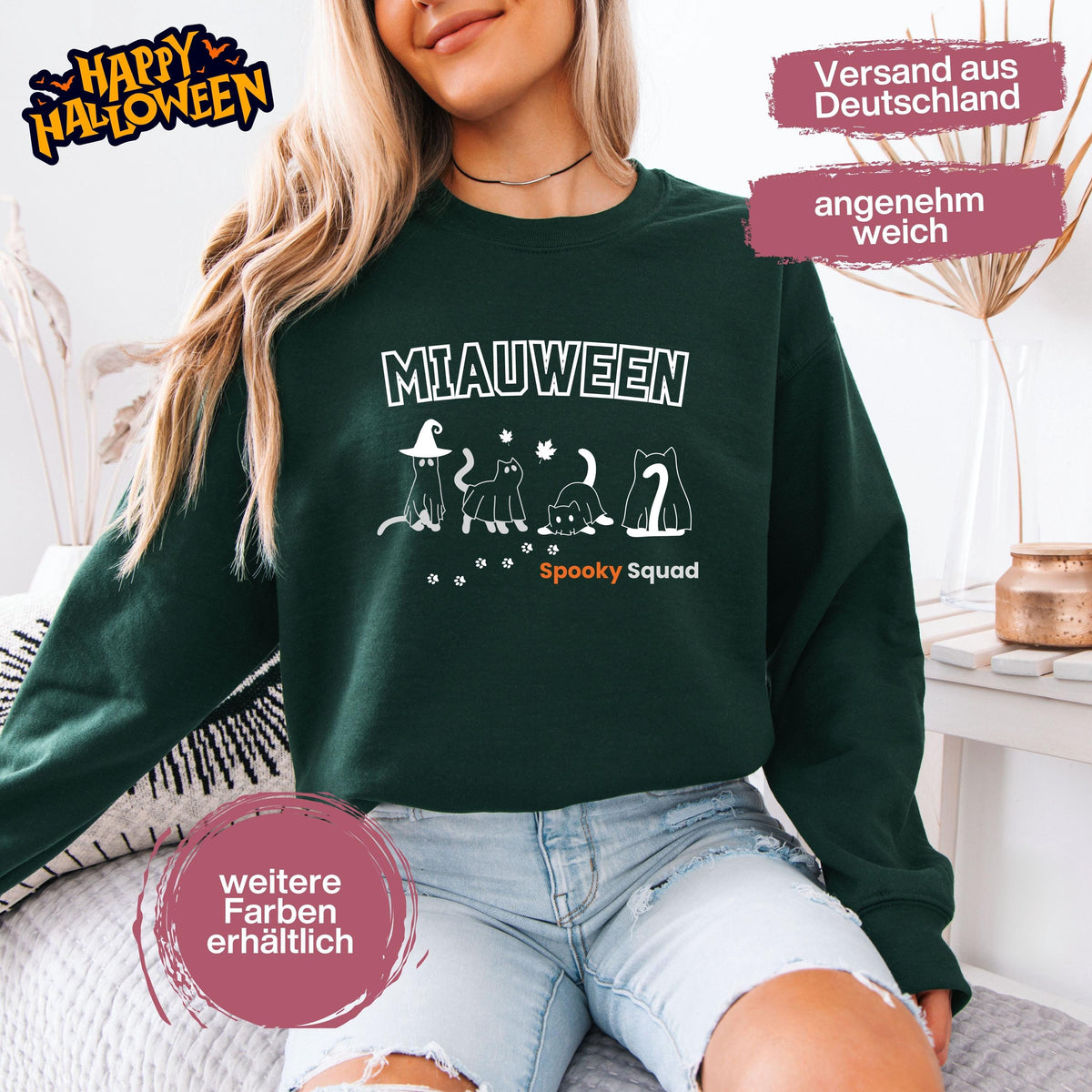 Hochwertiges Halloween Outfit für Damen und Herren – gemütlicher Halloween Pullover und Halloween Sweatshirt, ideal als Halloween Outfit Damen, Halloween Outfit Herren oder Halloween Outfit Frauen. Angesagte Halloween Sweaters und Halloween Pullis für Herbst und Party. Sweatshirts Halloween in verschiedenen Farben, auch als Kürbis Pullover Damen erhältlich. Bequemes Halloween Sweatshirt Damen und Herren – perfektes Halloween Outfit Männer. Katzenpullover Miauween Halloween Katzen Katzenliebhaber