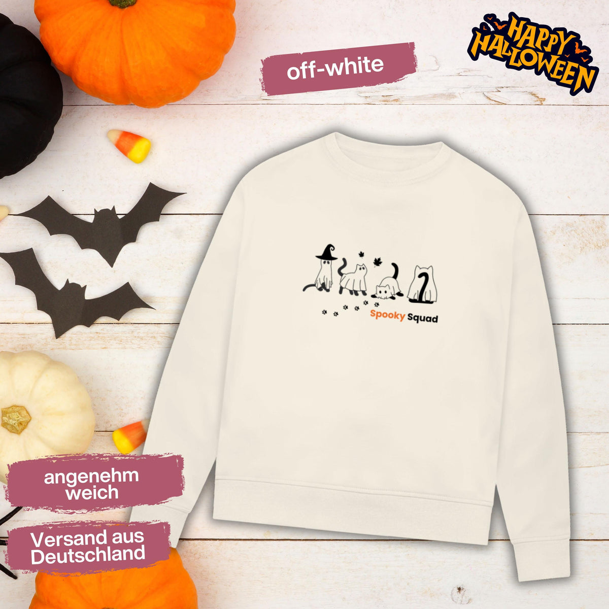Hochwertiges Halloween Outfit für Damen und Herren – gemütlicher Halloween Pullover und Halloween Sweatshirt, ideal als Halloween Outfit Damen, Halloween Outfit Herren oder Halloween Outfit Frauen. Angesagte Halloween Sweaters und Halloween Pullis für Herbst und Party. Sweatshirts Halloween in verschiedenen Farben, auch als Kürbis Pullover Damen erhältlich. Bequemes Halloween Sweatshirt Damen und Herren – perfektes Halloween Outfit Männer. Halloween Katzen Pullover Spooky Squad Katzenliebhaber