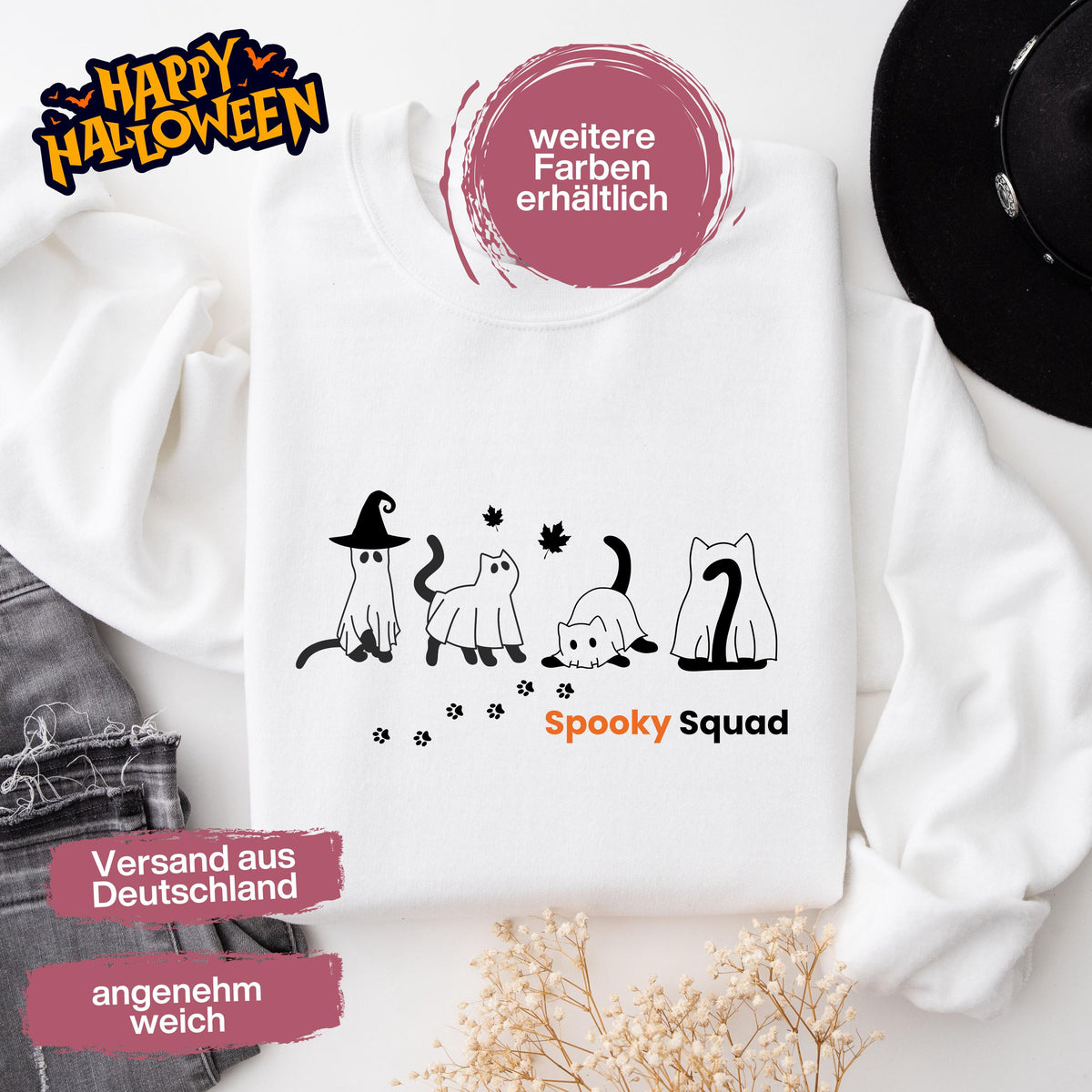 Hochwertiges Halloween Outfit für Damen und Herren – gemütlicher Halloween Pullover und Halloween Sweatshirt, ideal als Halloween Outfit Damen, Halloween Outfit Herren oder Halloween Outfit Frauen. Angesagte Halloween Sweaters und Halloween Pullis für Herbst und Party. Sweatshirts Halloween in verschiedenen Farben, auch als Kürbis Pullover Damen erhältlich. Bequemes Halloween Sweatshirt Damen und Herren – perfektes Halloween Outfit Männer. Halloween Katzen Pullover Spooky Squad Katzenliebhaber