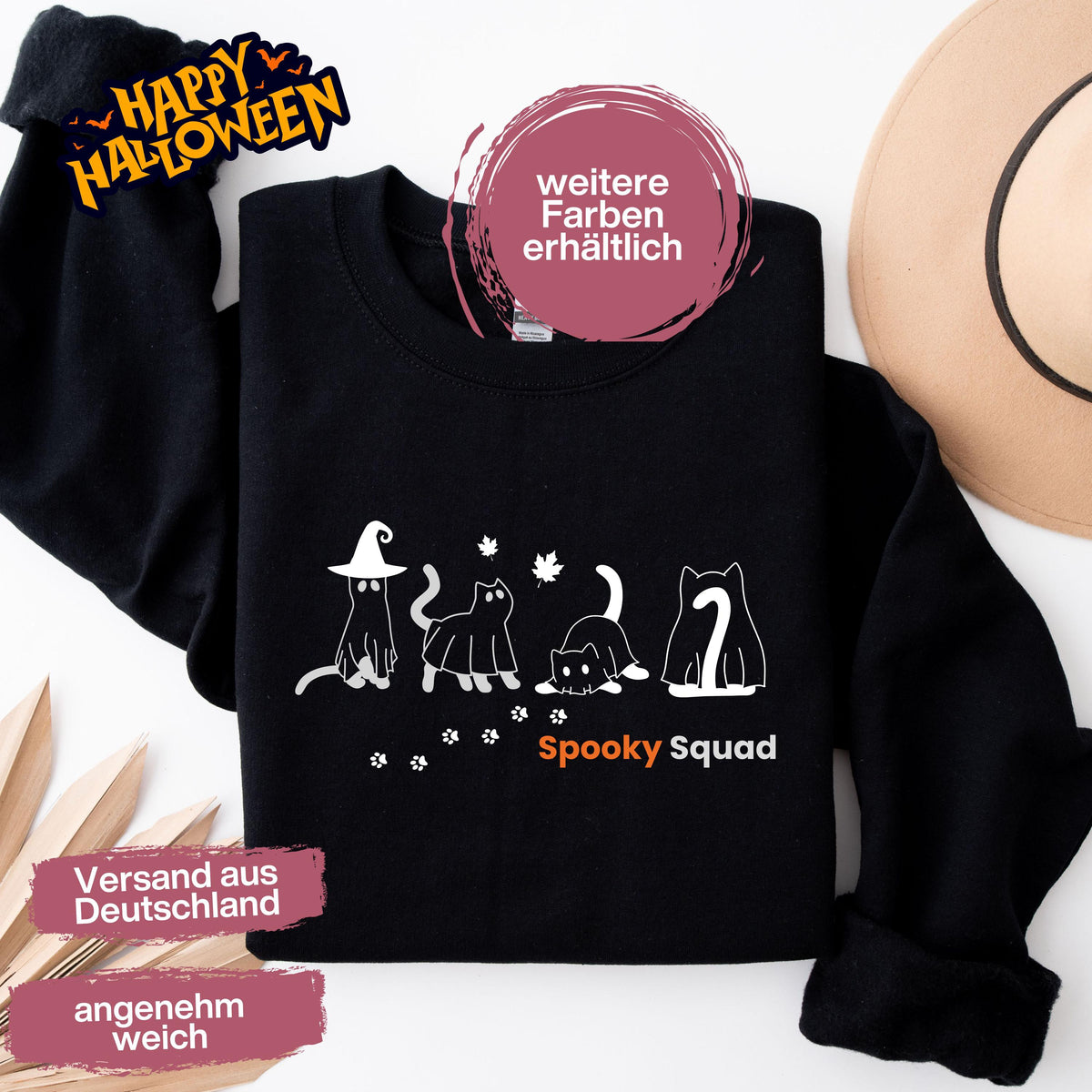 Hochwertiges Halloween Outfit für Damen und Herren – gemütlicher Halloween Pullover und Halloween Sweatshirt, ideal als Halloween Outfit Damen, Halloween Outfit Herren oder Halloween Outfit Frauen. Angesagte Halloween Sweaters und Halloween Pullis für Herbst und Party. Sweatshirts Halloween in verschiedenen Farben, auch als Kürbis Pullover Damen erhältlich. Bequemes Halloween Sweatshirt Damen und Herren – perfektes Halloween Outfit Männer. Halloween Katzen Pullover Spooky Squad Katzenliebhaber